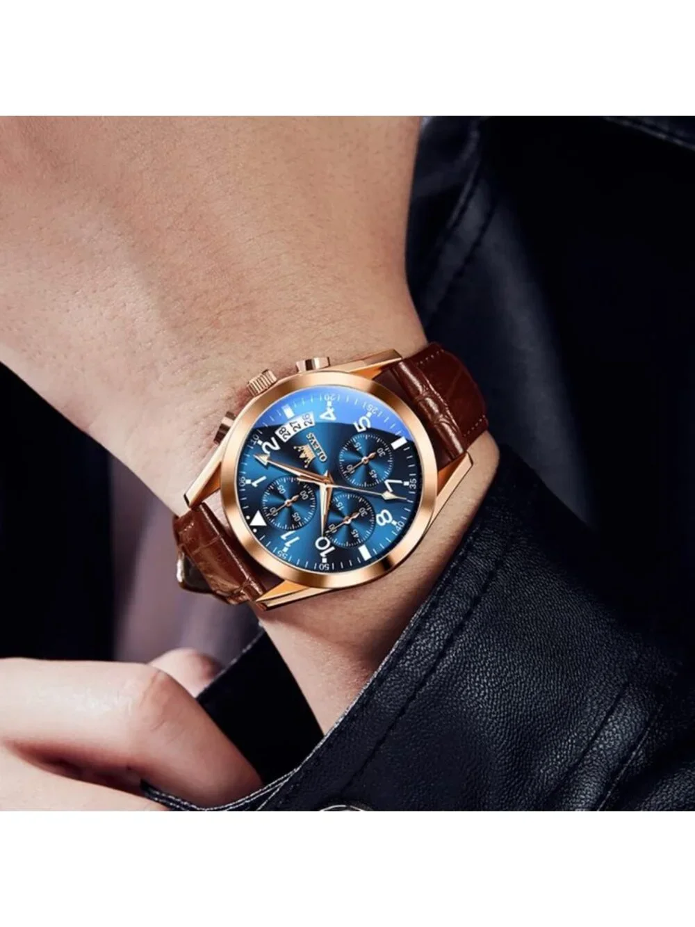 Stylish Brown Leather Men's Watch, Large Face Chronograph, Waterproof Analog